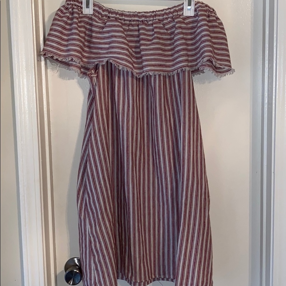Of the shoulder white and red stripped short dress